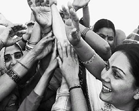 BJP candidate Princess Siddhi Kumari being welcomed by supporters in Bikaner on Friday. (PTI)