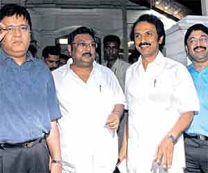 REUNITED: (From left) Kalanitphi Maran, M K Azhagiri, M K Stalin and Dayanidhi Maran/D Sampath Kumar.