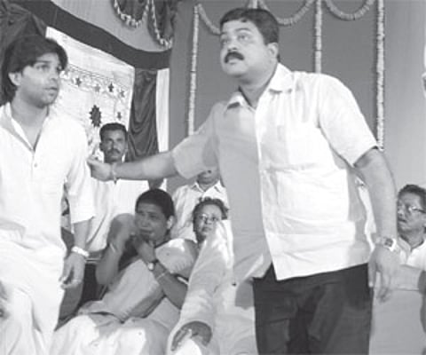 Sandeep Ray (left) and father and BJP leader Dilip Ray (Right) formally join the party in presence of MP Dharmendra Pradhan