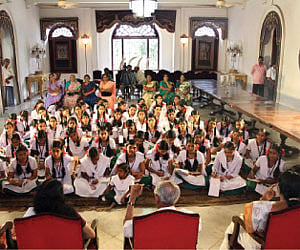 Students of Karthika Thirunal Government Girls Vocational and Higher Secondary School for Girls, Manacaud at Kowdiar Palace on Monday.