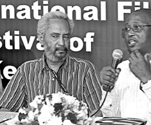 Director Priyanandanan, moderator V.C. Harris and South African director Madoda Ncayiyana at the meet-the-directors programme held as part of the IFFK