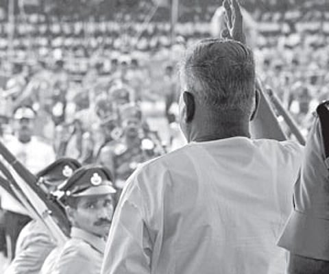 Chief Minister V S Achuthanandan taking the salute at the Independence Day parade held at the Central Stadium in Thiruvananthapuram on Saturday.