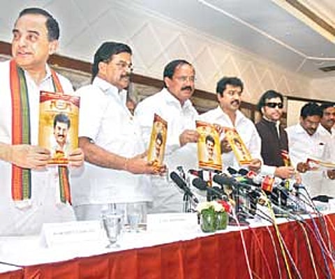 BJP election in-charge for southern states, M Venkaiah Naidu (third from left) with party’s other alliance partners during a press conference, in the