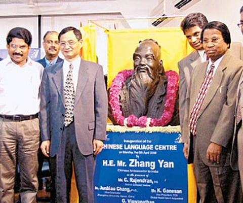 Zhang Yan, Chinese Ambassador to India, declares open the statue of Chinese philosopher Confucius at Vellore Institute of Technology University on Mon