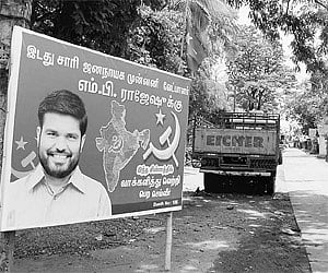The posters of LDF candidate M B Rajesh in Tamil at Chandrapuram near Walayar.