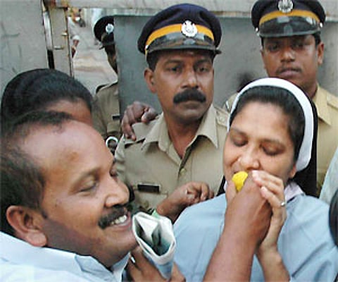 Sister Stephy being greeted by christians after she was granted bail in the Sister Abhaya case. (File Photo : Express)
