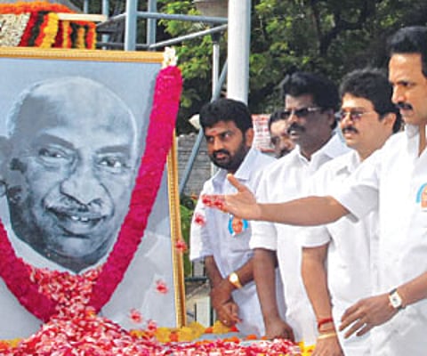 Deputy Chief Minister M K Stalin offering floral tributes to former Chief Minister Kamaraj, on the ocassion of his birth anniversary, in the city on W