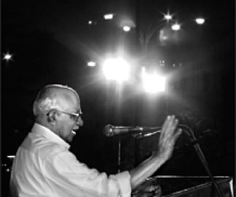 Express CPI state secretary Veliyam Bhargavan inaugurating the public meeting organised to celebrate the 70th anniversary of the Communist movement in