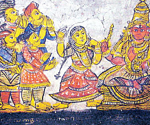 A painting of the Thanjavur quartet performing the Nattuvangam.