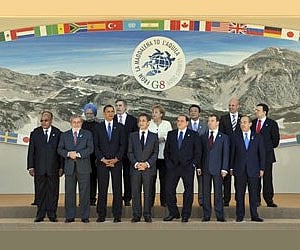 Group of Eight and Group of Five leaders participate in a group photo at the G8 summit in L'Aquila, Italy on Thursday. (AP)