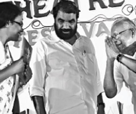 Chief Minister V S Achuthanandan greets eminent theatre and film personality Seema Biswas during the inaugural function of the National Drama Festival