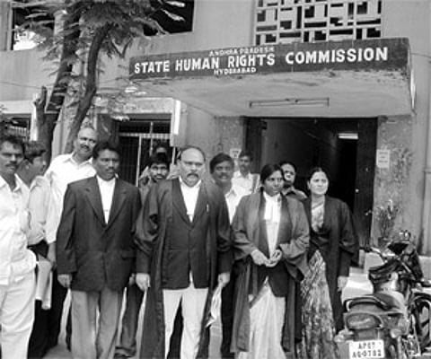 FREE AND FAIR POLLS: Members of the Legal Education and Action for Rural Poor (LEARP) coming out of the AP State Human Rights Commission (SHRC) office