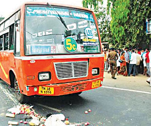 The Tamil Nadu State Transport Corporation bus that ploughed into the people standing at the GP Hospital bus stop near Gandhipuram in Coimbatore.