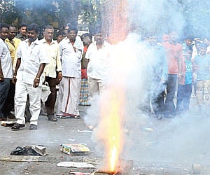 DMK cadre burst crackers to celebrate M K Stalin’s appointment as Deputy Chief Minister near his residence in Alwarpet on Friday/A S Ganesh.