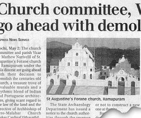 A grab of the Express report on the move to demolish the murals and the painting in Ramapuram church.