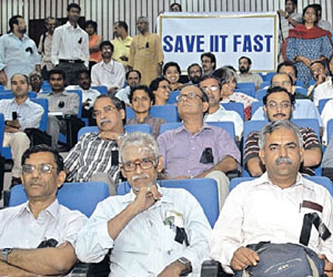 Faculty members of IITs participate in a protest fast in the city on Thursday.