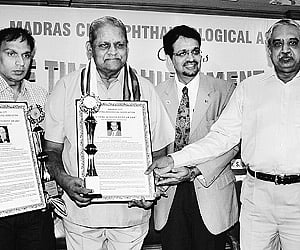 Dr E T Selvam, retired professor, Dr Amar Agarwal, son of late Dr J Agarwal, Dr S S Badrinath, chairman of Sankara Nethralaya.