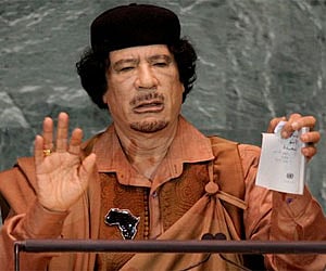 Libyan leader Moammar Gadhafi shows a torn copy of the UN Charter during his address to the 64th session of the UN General Assembly, Sept. 23. (AP)