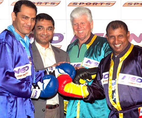Mohammed Azharuddin, Arvind D Silva and Australian Barry Richards at the launch of NEO Sports in Kolkata. (UNI FILE PHOTO)