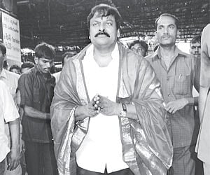 Chiranjeevi coming out of Sri Padmavathi temple at Tiruchanur, near Tirupati, after darshan on Sunday. ENS