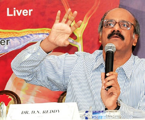 Chairman of Asian Institute of Gastroenterology D Nageswara Reddy makes a point at a press conference in Hyderabad on Thursday. (EPS)