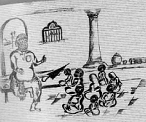 A caricature of Allapicha Mollakka narrating stories to the children of Ravuthers at the ‘Othupalli’ at Khazak that appeared in the booklet
