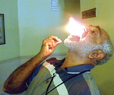 Narendra Nayak shows a trick | Express Photo