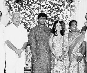 Chief Minister B S Yeddyurappa, minister R Ashok and others at the wedding reception of BJP MLA Sogadu Shivanna’s son in Tumkur on Saturday.