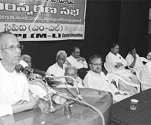 CPI (ML) central leader Subrato Basu speaking at a condolence meeting of Kanu Sanyal in Hyderabad on Friday.