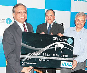 Dean of Indian School of Business Ajit Rangnekar (left), Chief general manager of SBI Shiv Kumar (centre) and CEO SBI Cards and Payment Services Priva