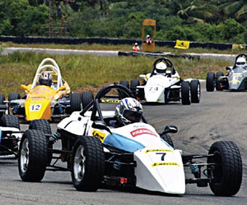 Intense battle from one of the races at Kari Motor Speedway in Coimbatore.