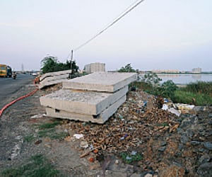Concrete slabs (above) that have been dumped at the protected area of the Pallikarnai marshland.