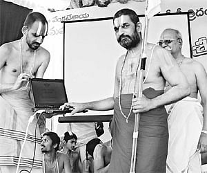 Tridandi Chinna Jeeyar Swamy launching Jeeyar Web Channel at a programme in Tirupati on Friday. I Express Photo