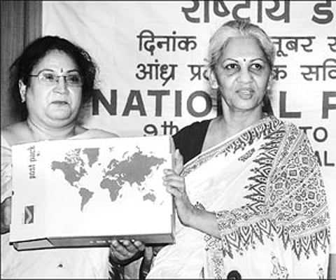 Chief postmaster general AP circle Karuna Pillai (centre) displaying the new courier box at Dak Sadan in Hyderabad on Friday. Postmaster general Usha
