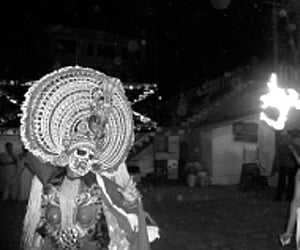 Artistes from the Sree Bhadra Mudiyettu Sangham performing Mudiyettu, in Tripunithura