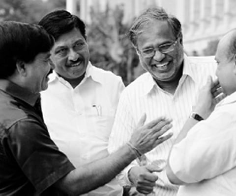 (From left) Ministers S A Ramadas, Murugesh Nirani, S Sureshkumar and Basavaraj Bommai sharing a lighter moment at Vidhana Soudha| Nagaraja Gadekal.