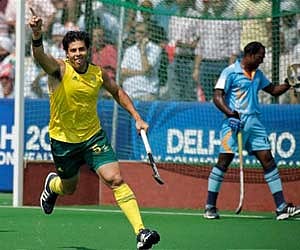 Australia's Chris Ciriello celebrates after scoring against India in their gold medal match during the Commonwealth Games (AP)