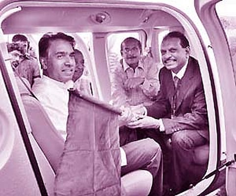CIAL managing director C G Krishnadas Nair and CIAL director M A Yusef Ali flagging off the heli taxi service at Kochi airport.