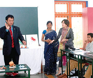 Nithyasree Mahadevan (second from right) with students at the inauguartion of this years Music to Schools in Chennai School, Saidapet