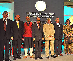 Infosys Prize 2011 winners with former President APJ Abdul Kalam and former Infosys Chairman Emeritus N R Narayana Murthy in Bangalore| Nagesh Polali.
