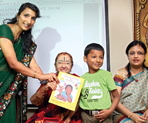 Vishal with YG Parthasarathy and Dr Sujatha at the book launch at Rajan Eye Care Hospital.