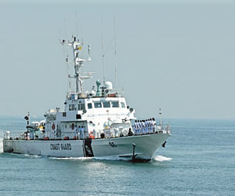 Indian Coast Guard ship Rajshree arrives for the induction ceremony at the Chennai Port on Friday