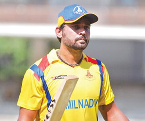 Tamil Nadu’s Murali Vijay celebrates after getting to his half-century against Andhra on Sunday. (EPS)