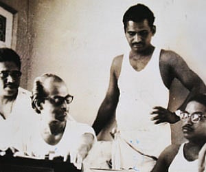 From right: ONV, Salil Chowdhury and Sivan in the making of a song.