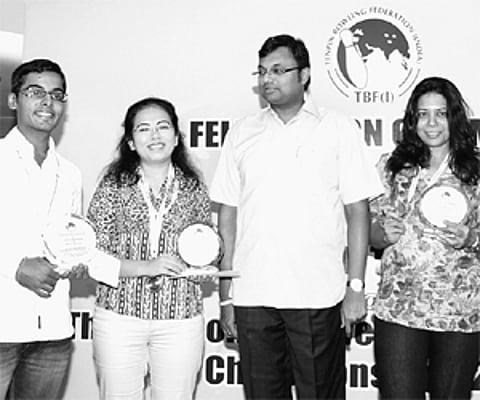 Karti Chidambaram (centre) with the Commonwealth tenpin bowling championhip mixed team bronze medal winners for India | Express Photo