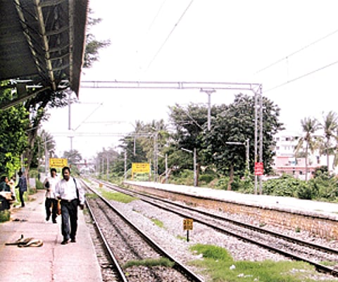 Overgrown shrubs on tracks spotted at the Banaswadi Railway Station.