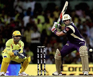 KKR Player Jacques Kallis plays a shot during their IPL-4 cricket match against CSK's in Chennai on Friday. (PTI Photo)