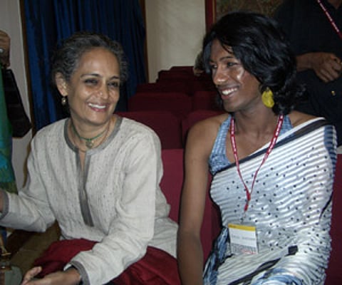 Arundhati Roy (L) in Kathmandu. (Photo: IANS)