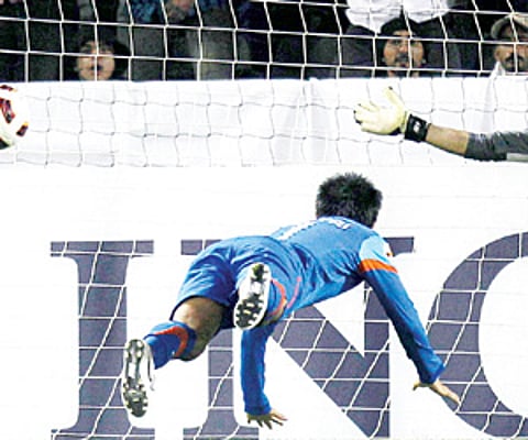 Sunil Chhetri scores India’s second goal against Bahrain on Friday