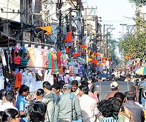 A glimpse of a busy street in Sultan Bazar in Hyderabad on Friday| Express Photo.